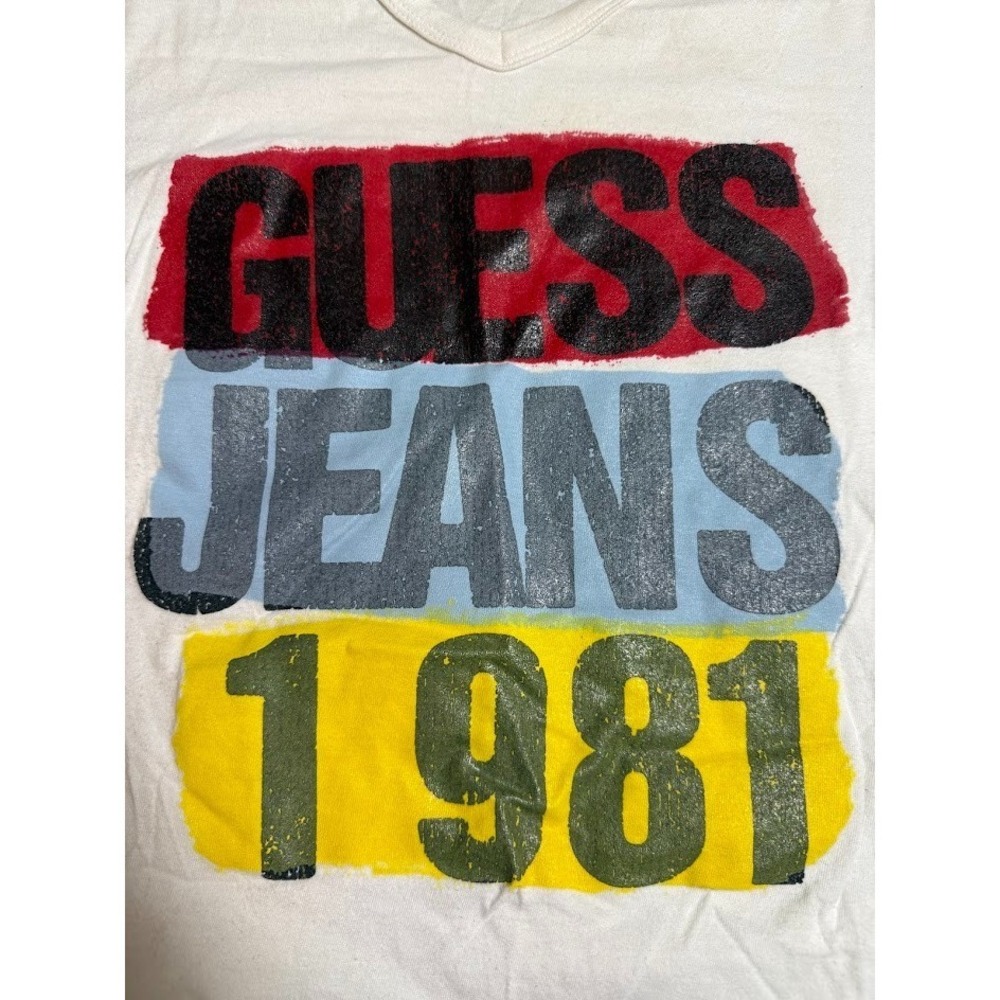 Guess Jeans 1981 T Shirt Mens XXL White V Neck Graphic Logo Short Sleeve Tee
